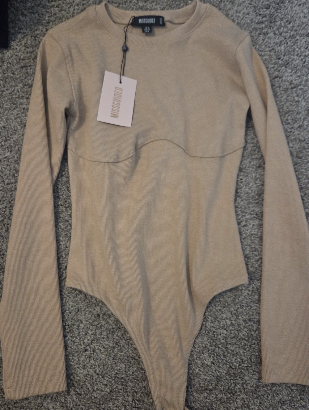 Missguided Ribbed Long Sleeve Bodysuit in Taupe